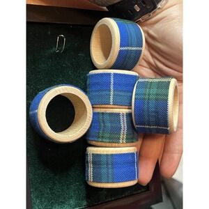 Set of 6 Vintage Wood Napkin Rings With Blue‎ Plaid Fabric, EUC